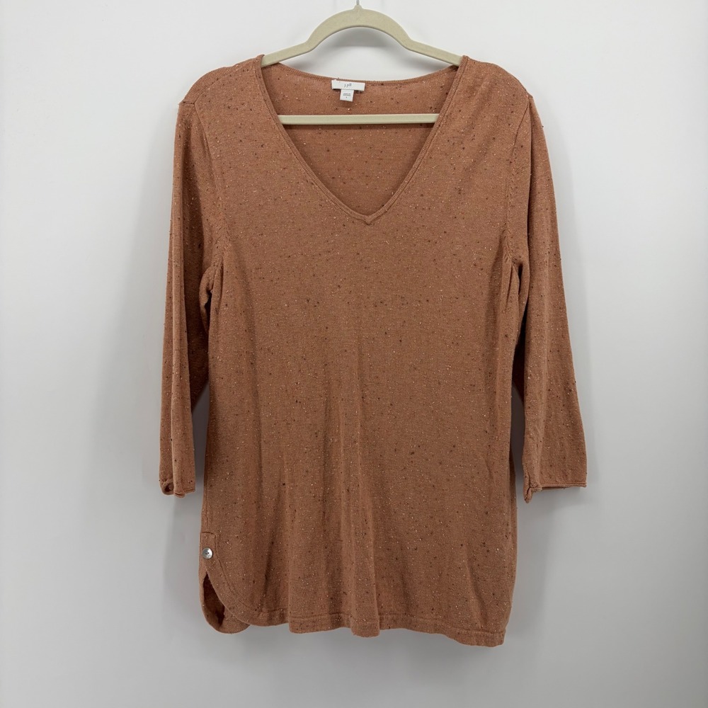 J. Jill Womens Large Tan V-Neck 3/4 Sleeve Speckled Cotton Blend Sweater